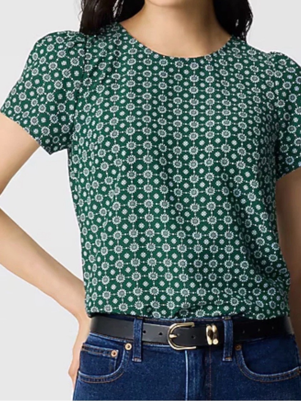 J. Crew Dark Green Floral-Print Short Sleeve Blouse